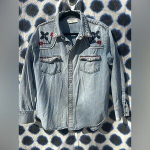 Embroidered Denim Shirt with Floral Accents